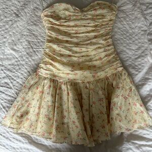LoveShackFancy Strapless Yellow Mini Floral Dress